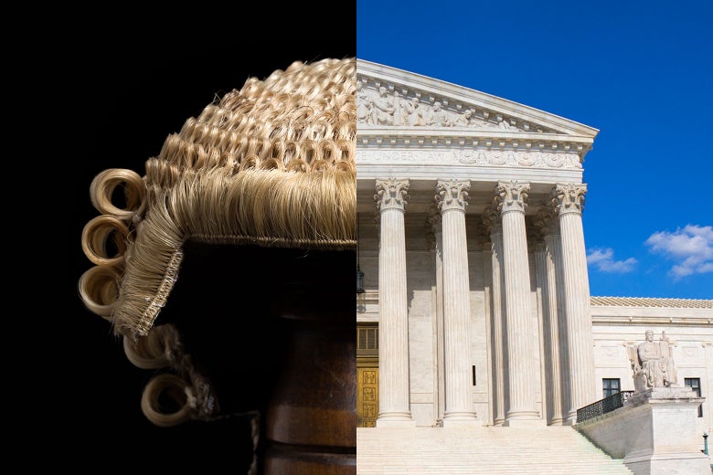 A diptych of a barrister's wig and the U.S. Supreme Court building.