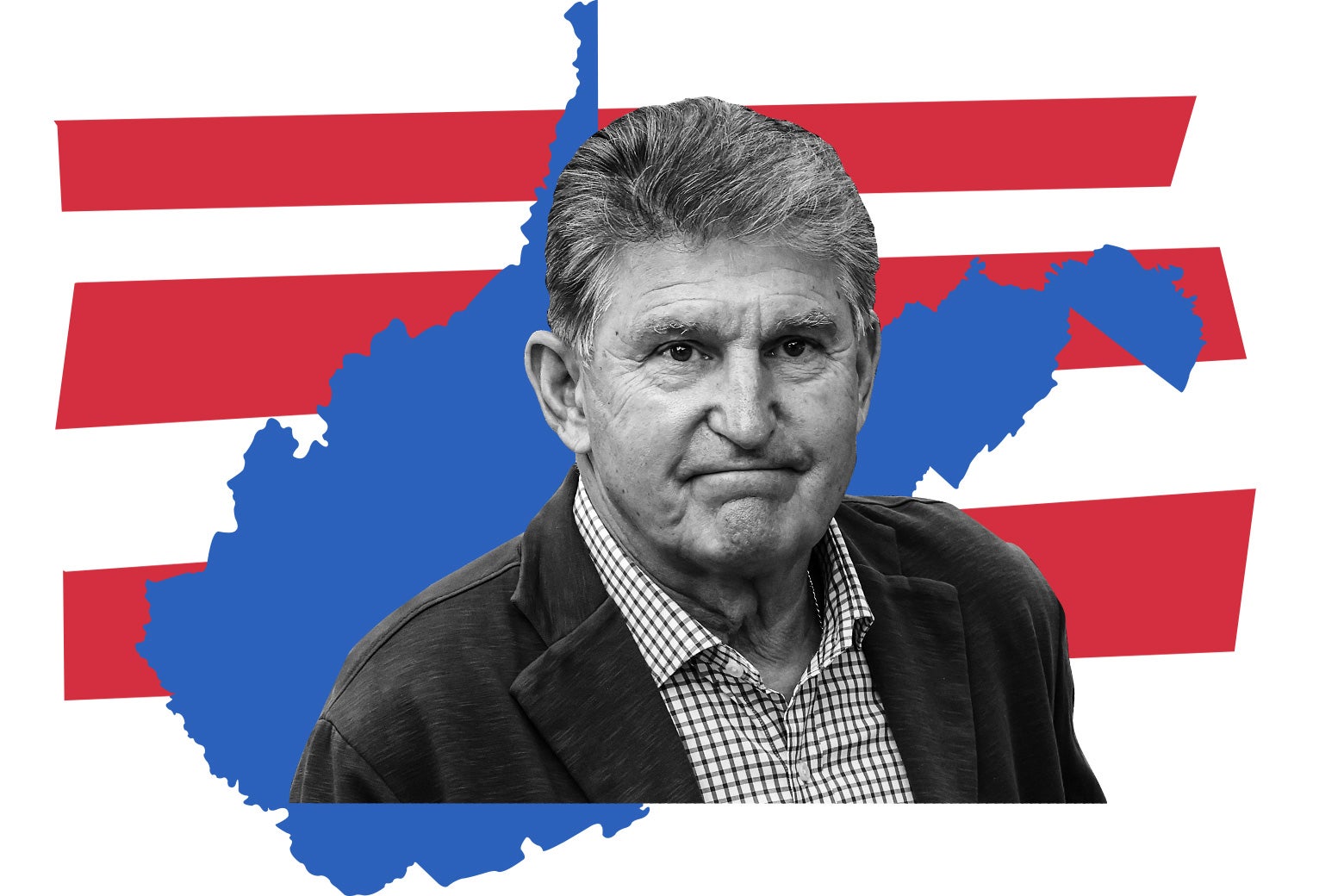 Joe Manchin in front of a blue West Virginia outline and three horizontal red stripes