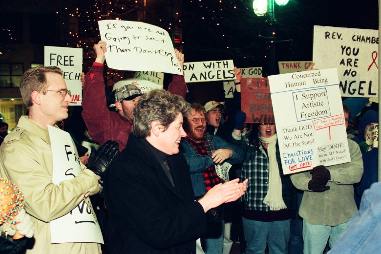 Supporters of the Charlotte Rep production counterprotest on the night of the show’s first performance, March 20, 1996.
