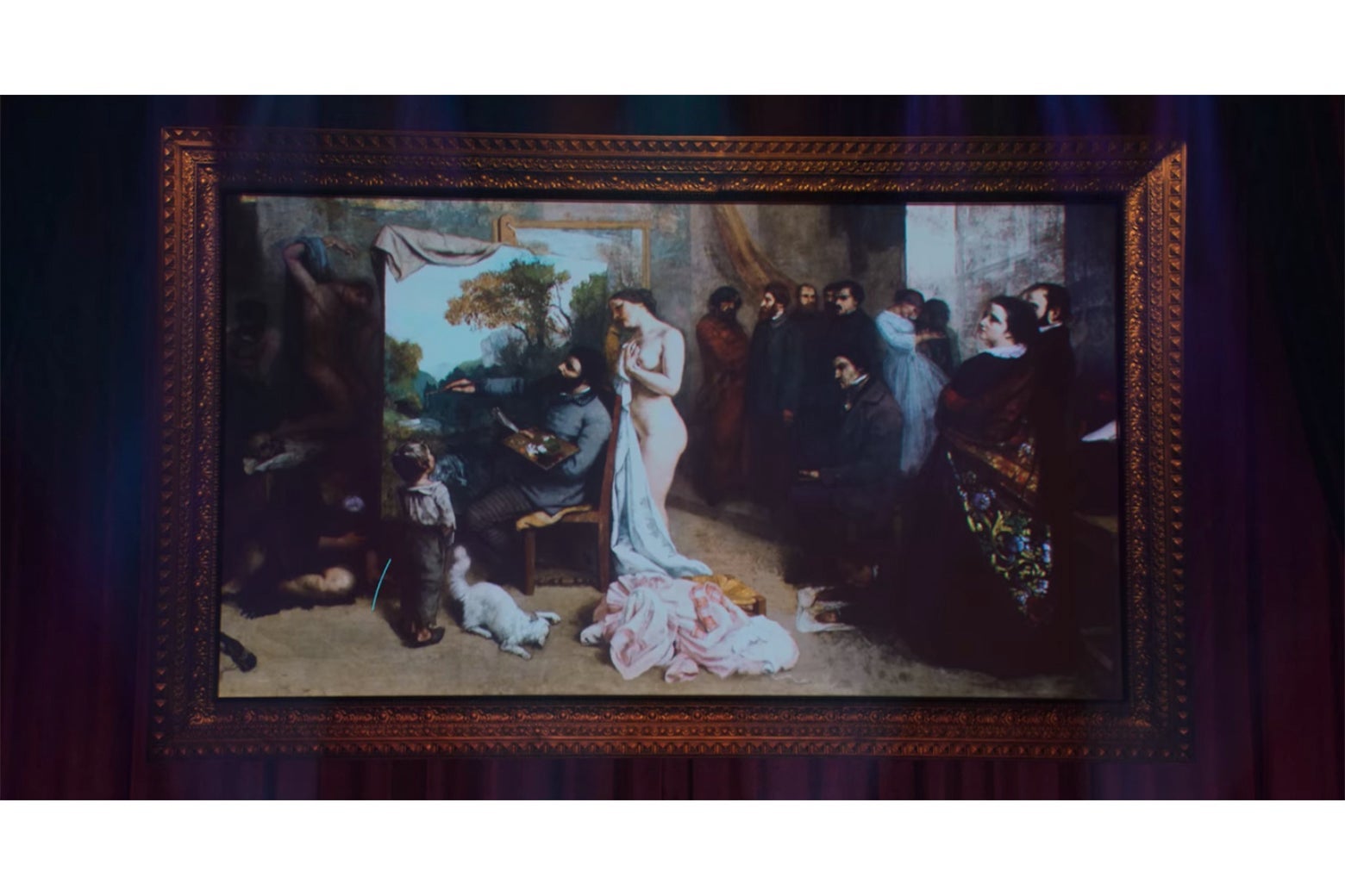 A detail from Courbet's The Painter's Studio, showing a naked woman standing behind a man painting a landscape.