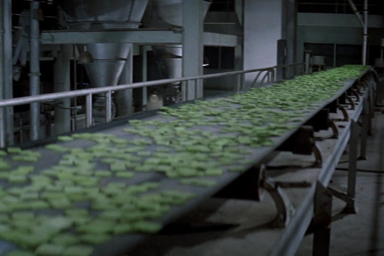 A still from the film Soylent Green, showing a conveyor belt transporting Soylent Green.