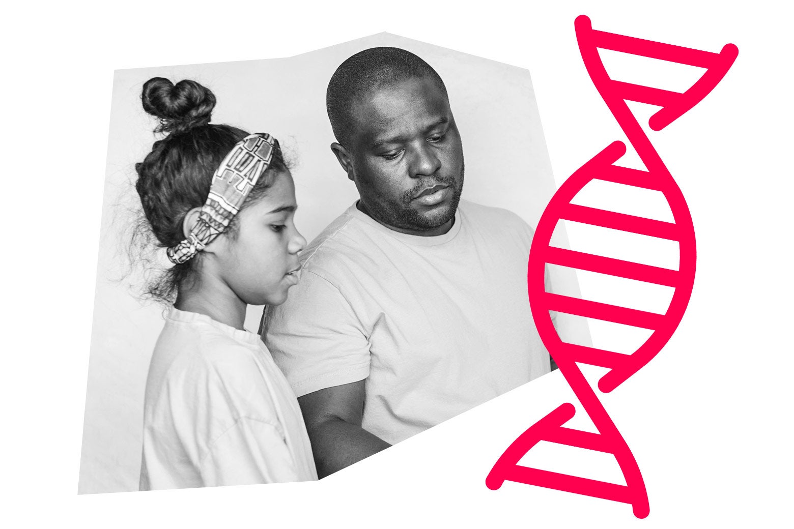 A father and daughter, and a graphic of a DNA strand.