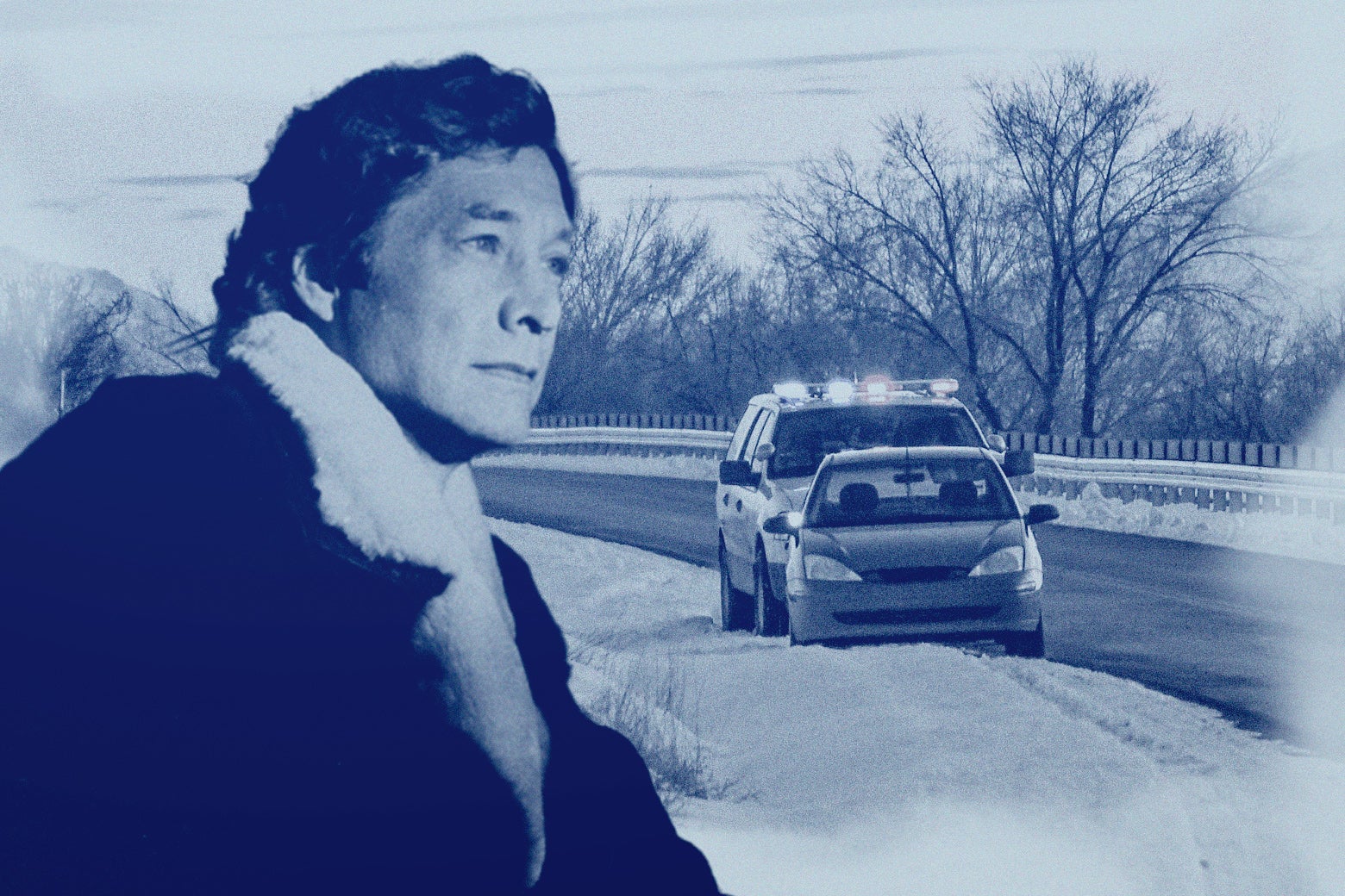 A blue-tinged image of white novelist Richard North Patterson, wearing a wool coat, staring ahead, while in the background, a police car, its lights on, pulls over a sedan during a snowy winter day.