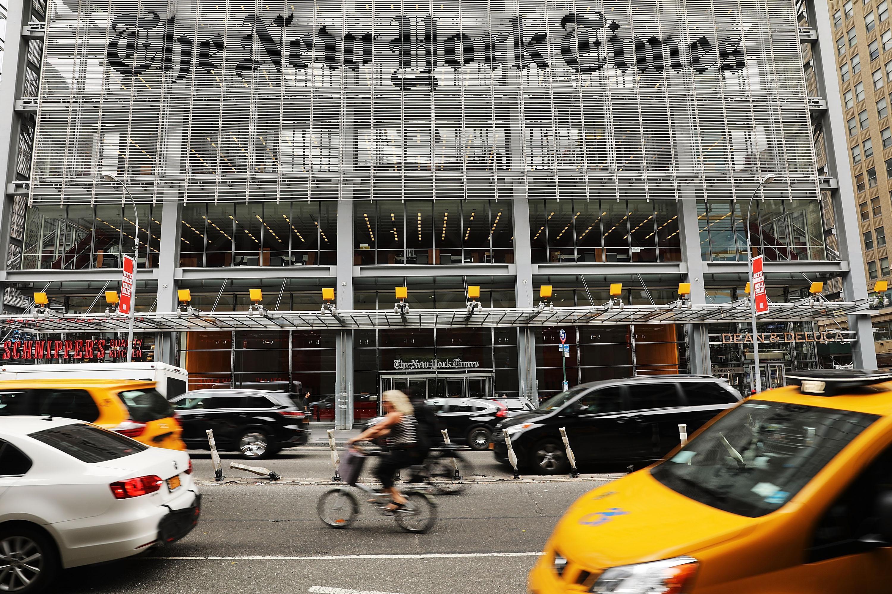 NEW YORK, NY - JULY 27:  The New York Times building stands in Manhattan on July 27, 2017 in New York City.  The New York Times Company shares have surged to a nine-year high after posting strong earnings on Thursday. Partly due to new digital subscriptions following the election of Donald Trump as president, the company reported a profit of $27.7 million in the second quarter, up from $9.1 million in the same period last year.  (Photo by Spencer Platt/Getty Images)