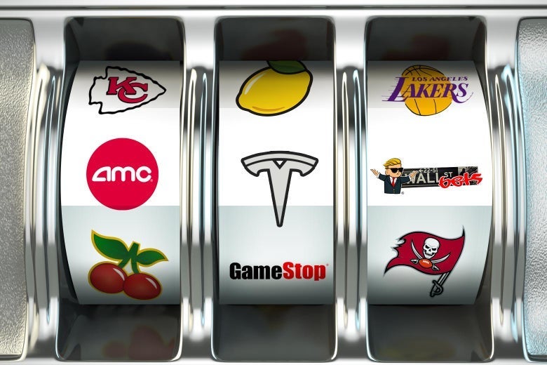 A slot machine with images of professional sports franchises and major companies.
