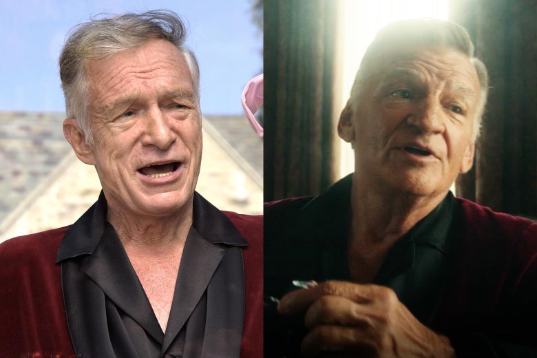 Side by side photos of Hefner and Seely both wearing a red robe with a black collar