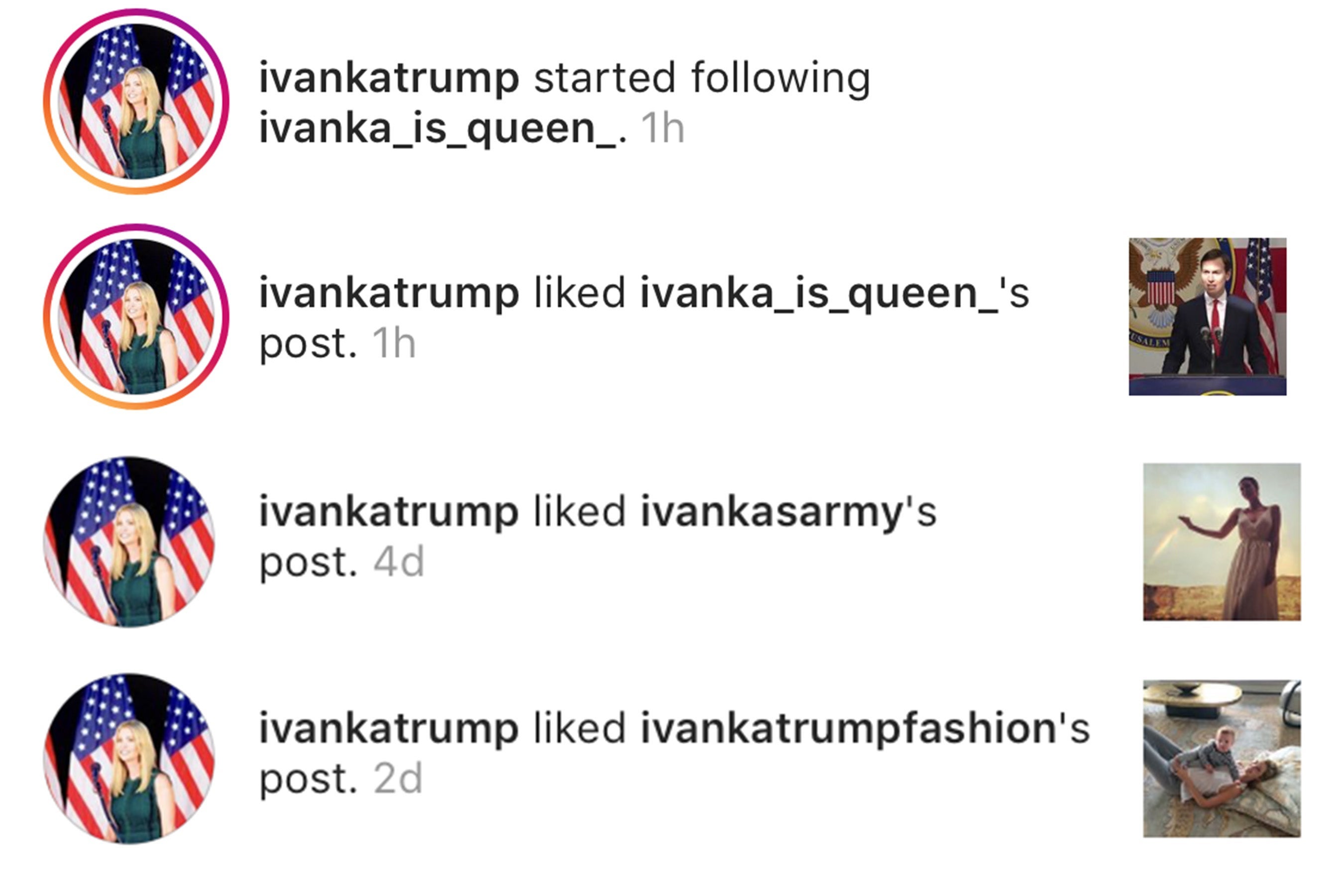 Ivanka faves photos from a series of Ivanka fan accounts.