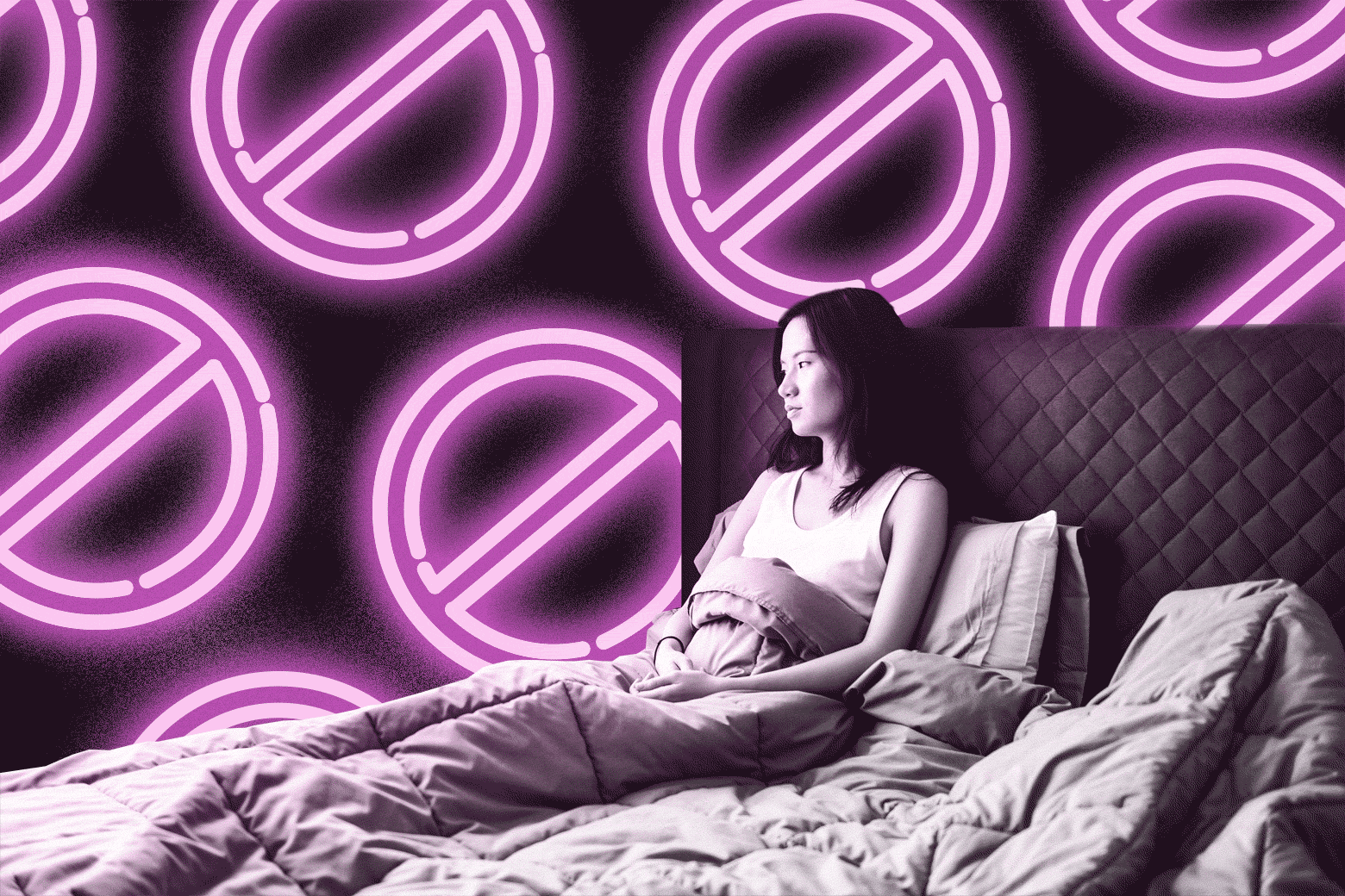 Photo illustration of a woman sitting up in an otherwise empty bed.