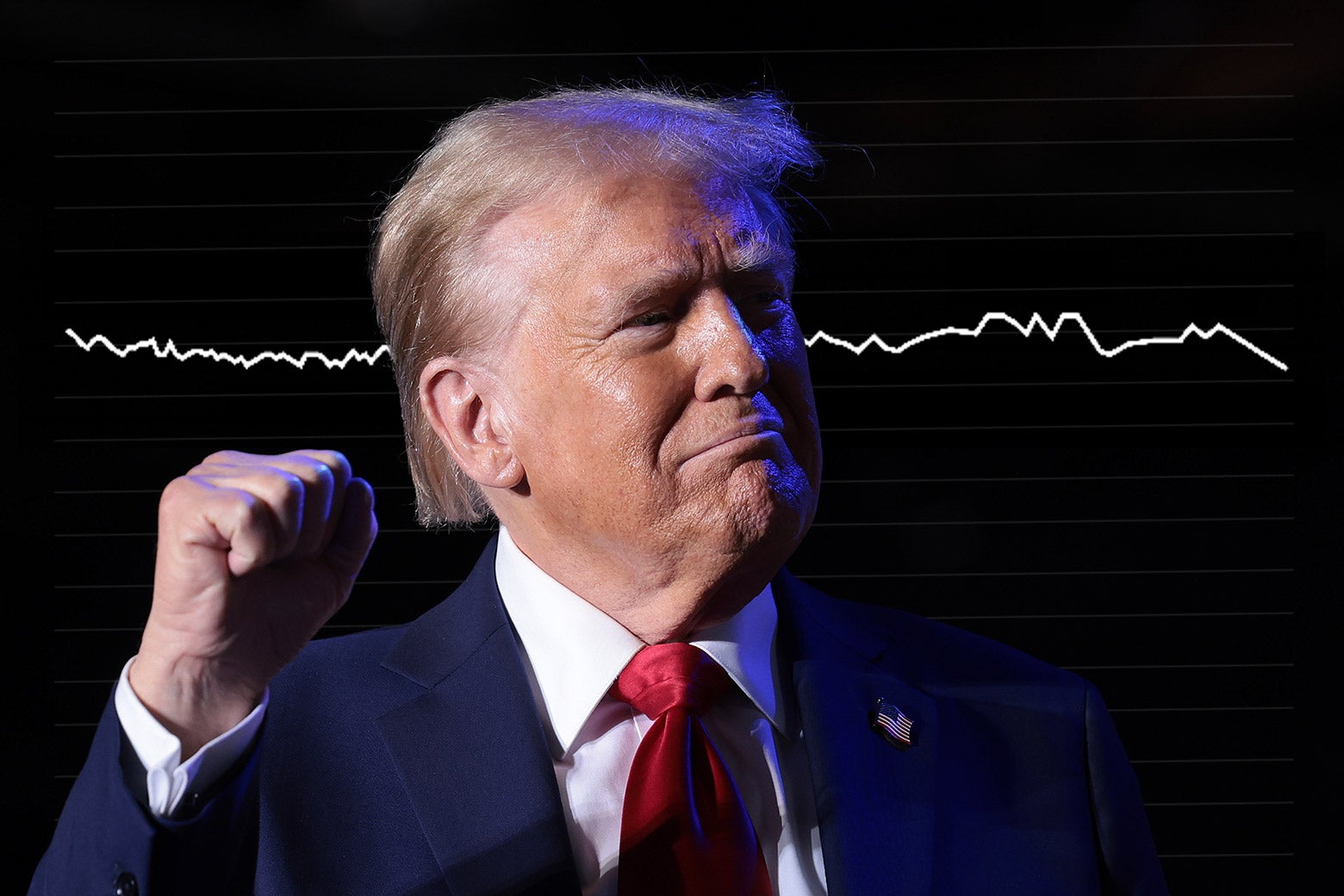 A photo illustration of Trump, with a chart of his approval rating superimposed behind him.