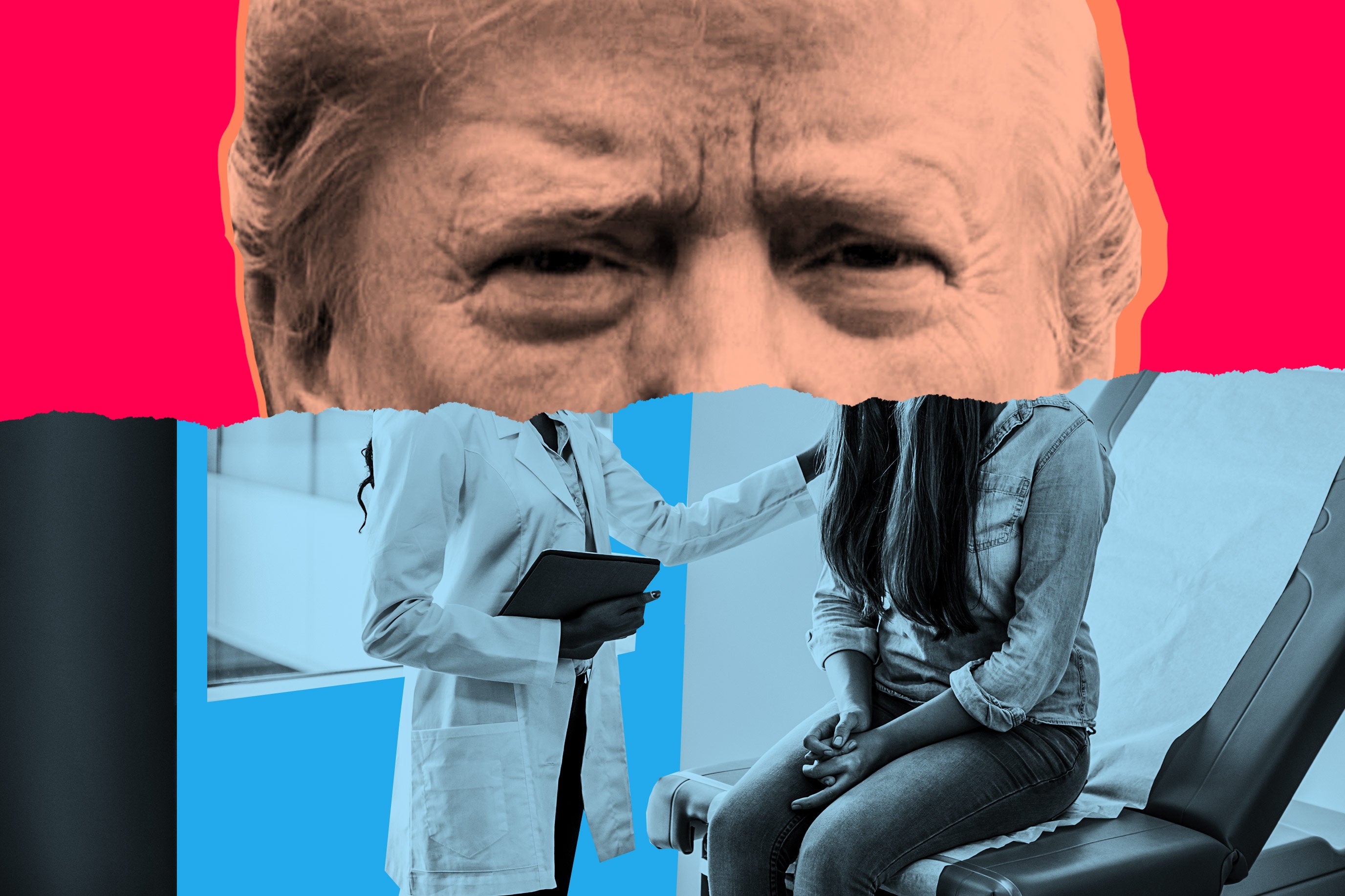 A collage of Trump looming over a doctor's office.