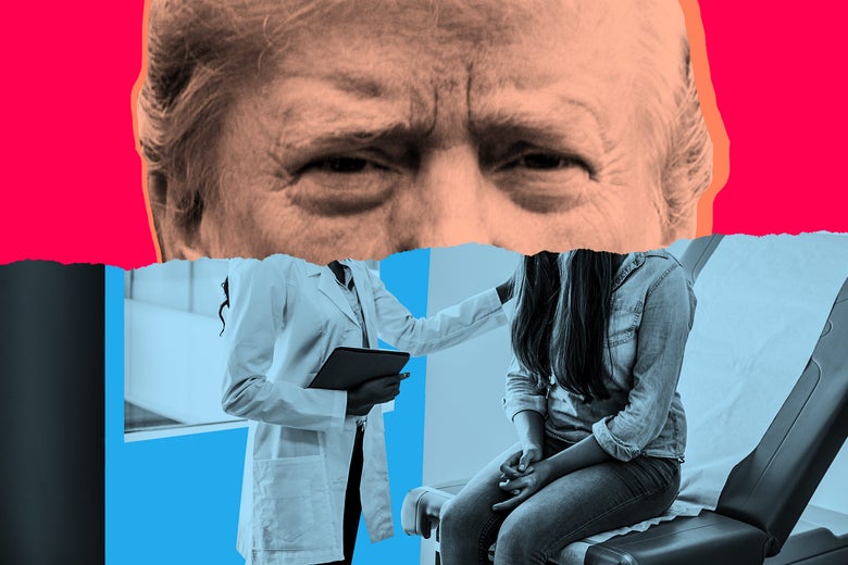 A collage of Trump looming over a doctor's office.