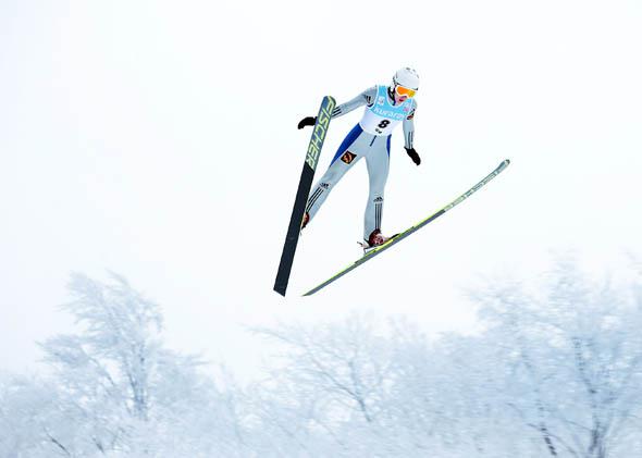 Irina Avvakumova of Russia jumps in the first round of competition during day one of the FIS Women's Ski Jumping World Cup at Zao Jump Stadium on February 9, 2013 in Yamagata, Japan.