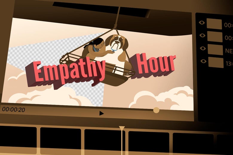 Illustration of an editing bay for a video titled Empathy Hour and showing a girl and a dog being saved via helicopter