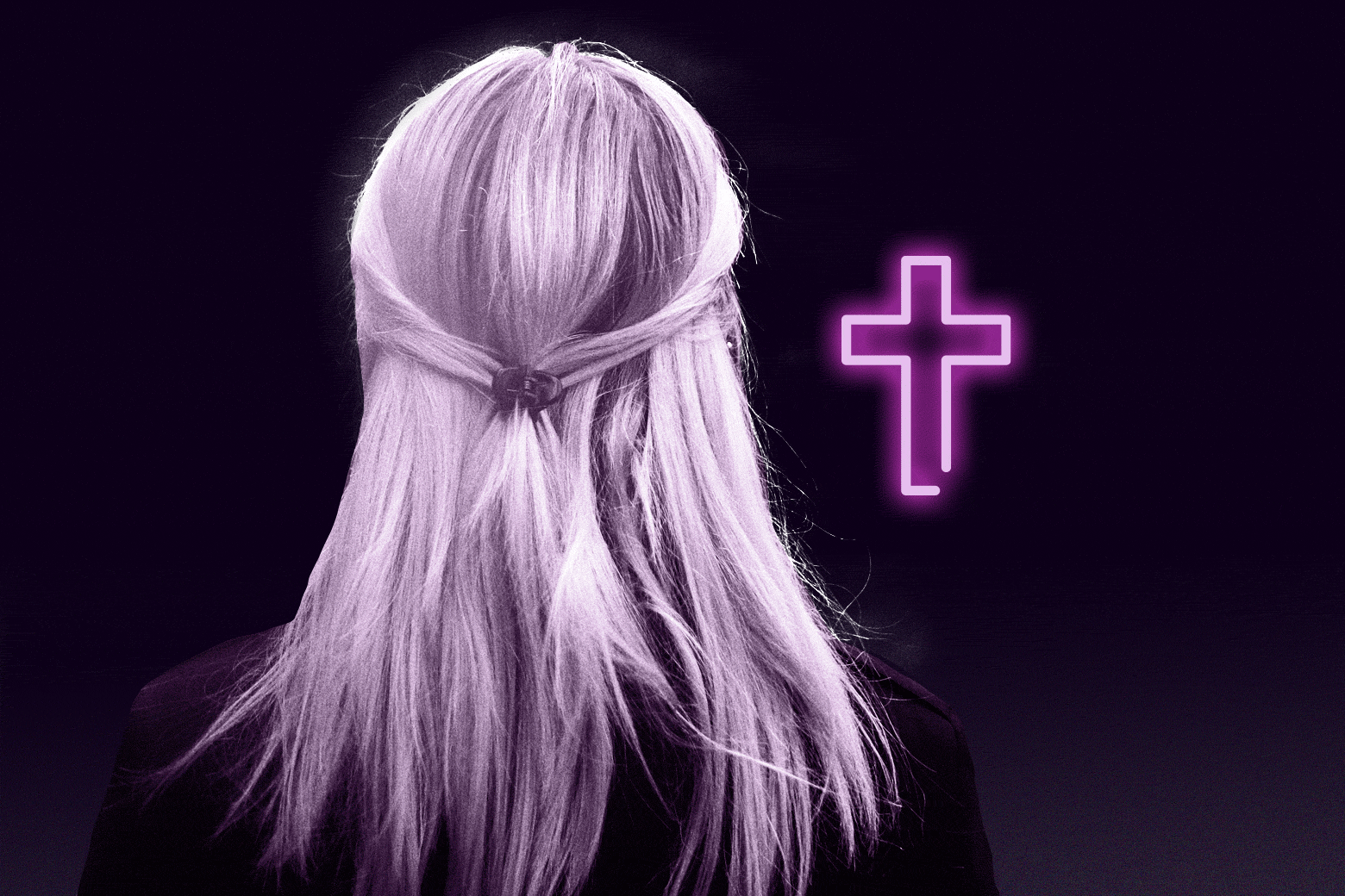 A woman with long blond hair stands facing a cross.
