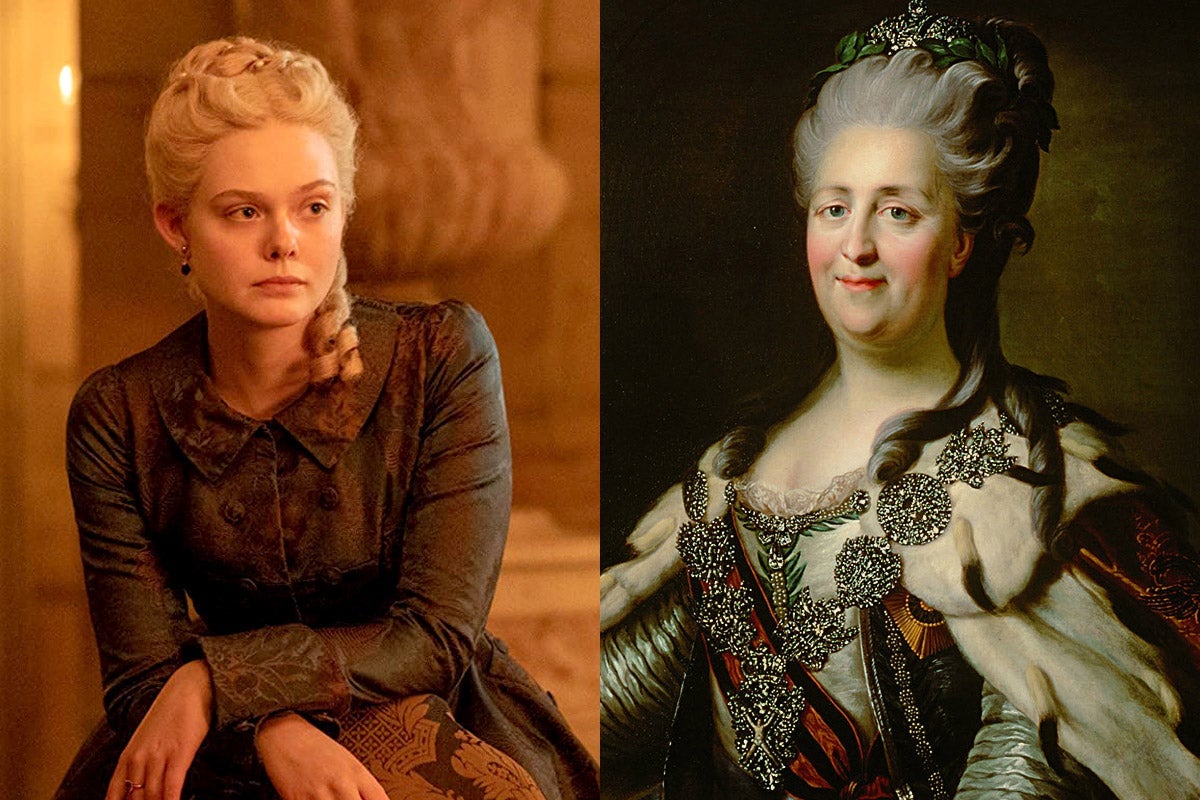 Elle Fanning as Catherine the Great in The Great, seen side by side with a portrait of the real Catherine the Great.