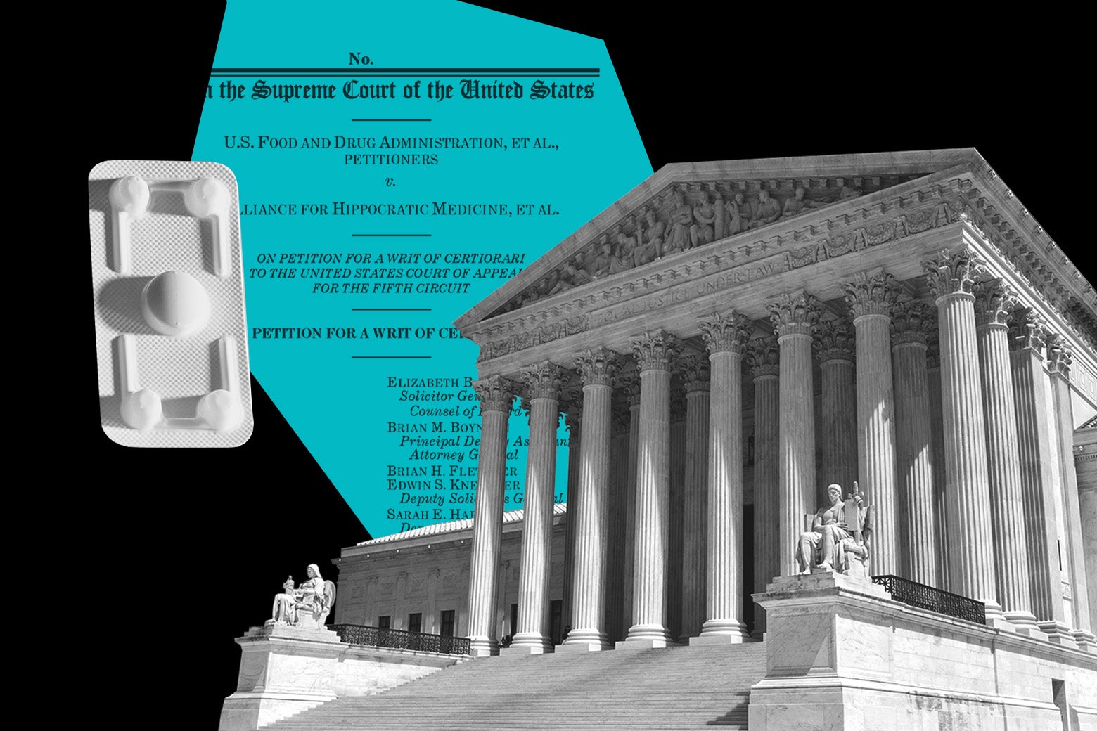 A collage of a pill in packaging, the text of the lawsuit, and the Supreme Court's marble columns.