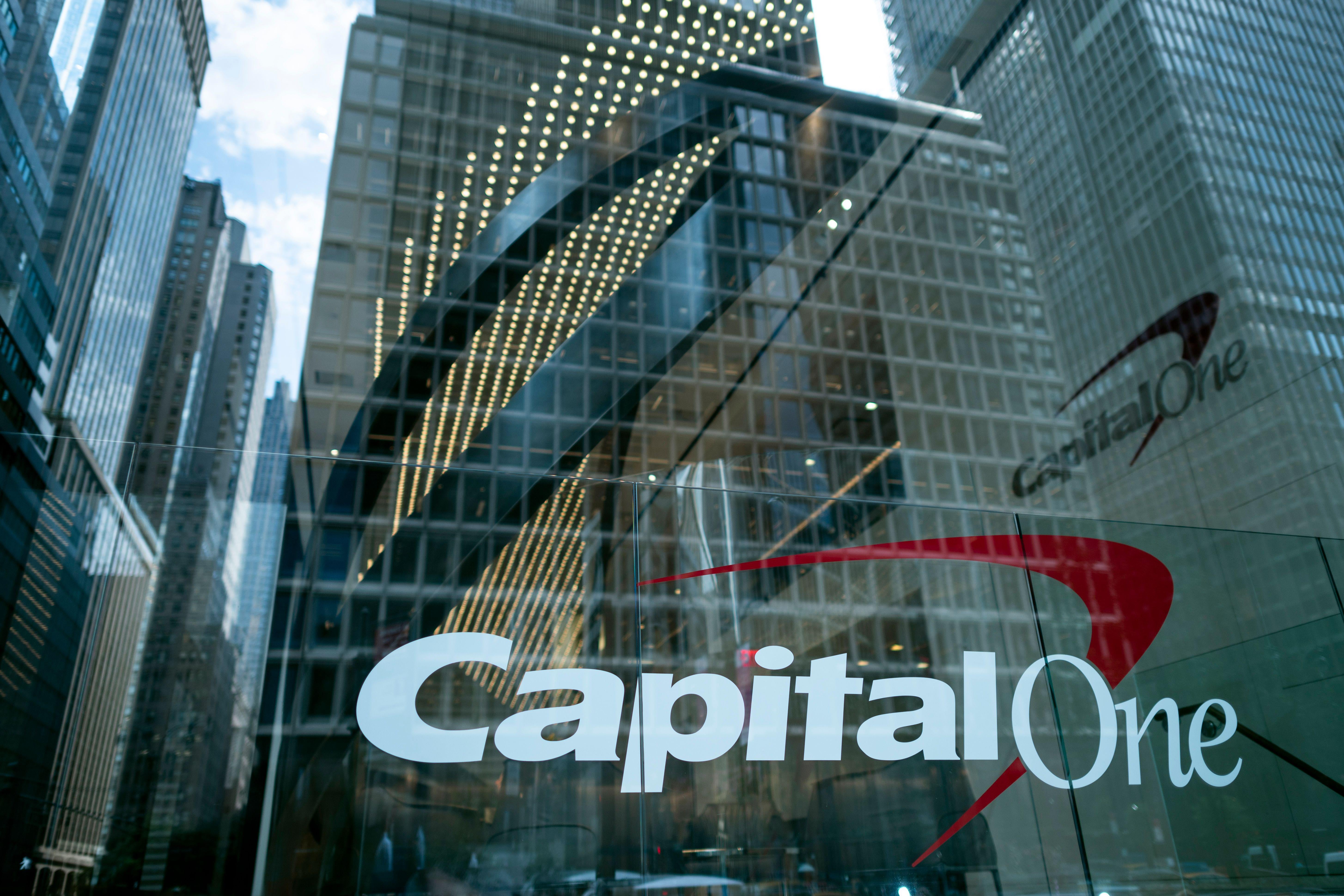 The Capital One Bank Headquarters is pictured on  July 30, 2019 in New York City. - A hacker accessed more than 100 million credit card applications with US financial heavyweight Capital One, the firm said on July 29, 2019, in one of the biggest data thefts to hit a financial services company. FBI agents arrested Paige Thompson, 33, a former Seattle technology company software engineer, after she boasted about the data theft on the information sharing site GitHub, authorities said. (Photo by Johannes EISELE / AFP)        (Photo credit should read JOHANNES EISELE/AFP/Getty Images)