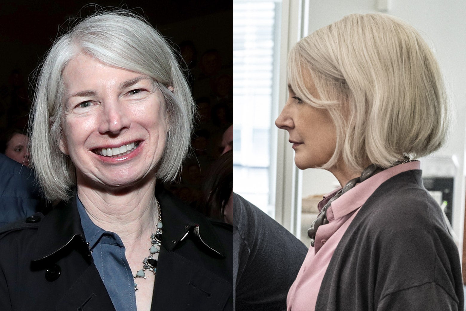 Both women wear straight shoulder length silver hair combed behind the ear, a necklace, and an open shirt collar.