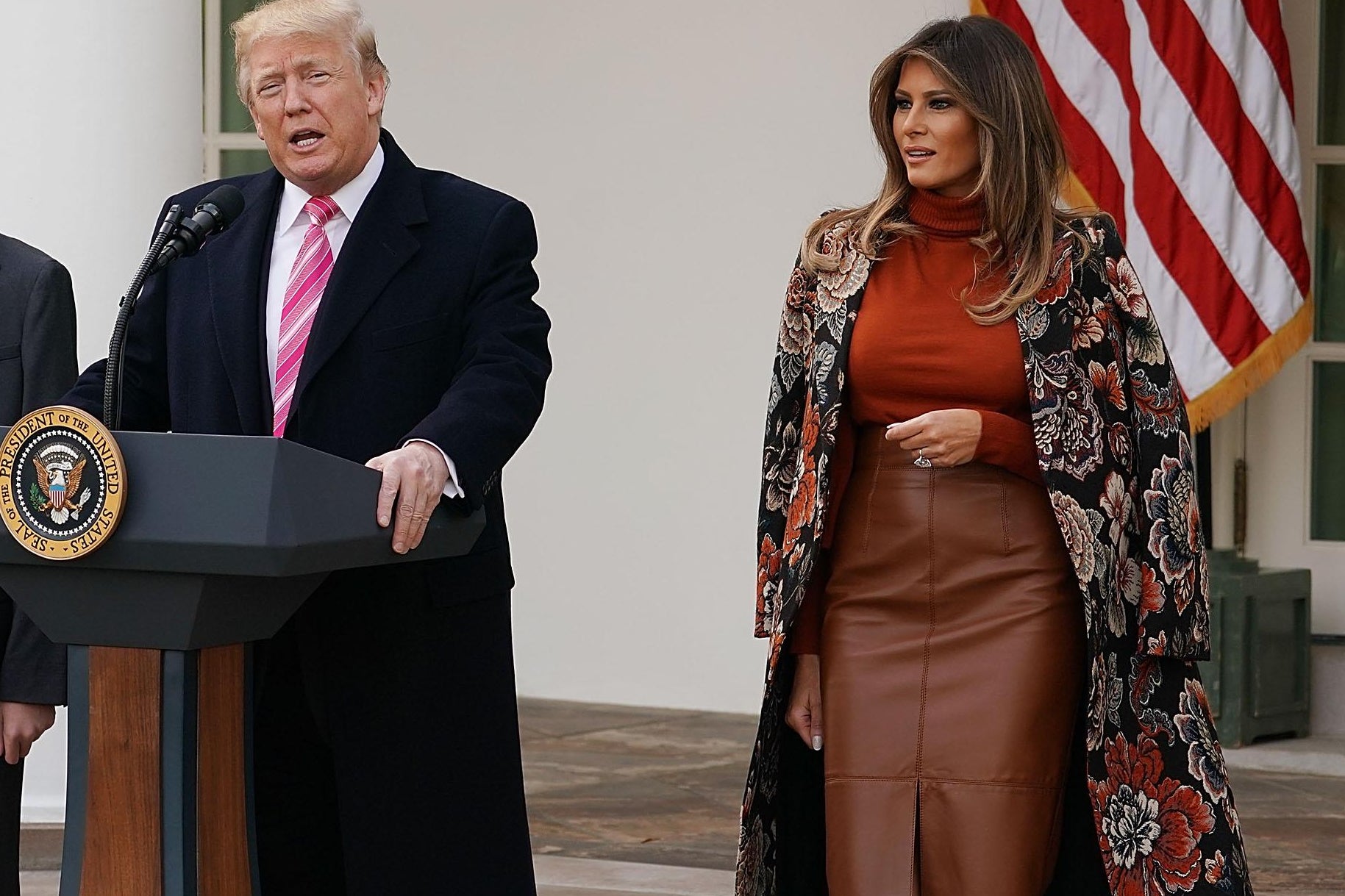WASHINGTON, DC - NOVEMBER 21: U.S. President Donald Trump delivers remarks with his son Barron Trump and first lady Melania Trump before pardoning the National Thanksgiving Turkey in the Rose Garden at the White House November 21, 2017 in Washington, DC. Following the presidential pardon, 'Drumstick,' the 40-pound White Holland breed which was raised by Turkey Federation Chairman Carl Wittenburg in Minnesota, will then reside at his new home, 'Gobbler's Rest,' at Virginia Tech. (Photo by Chip Somodevilla/Getty Images)