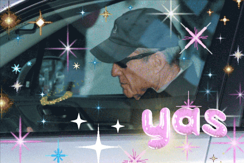 A photo of Robert Mueller in his car wearing a hat and sunglasses that is overlaid with sparkly pink stars and the word "YAS."
