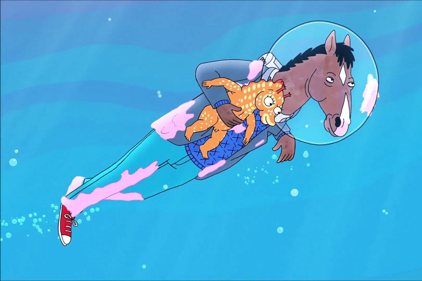 BoJack holds a sea horse and swims through the ocean.