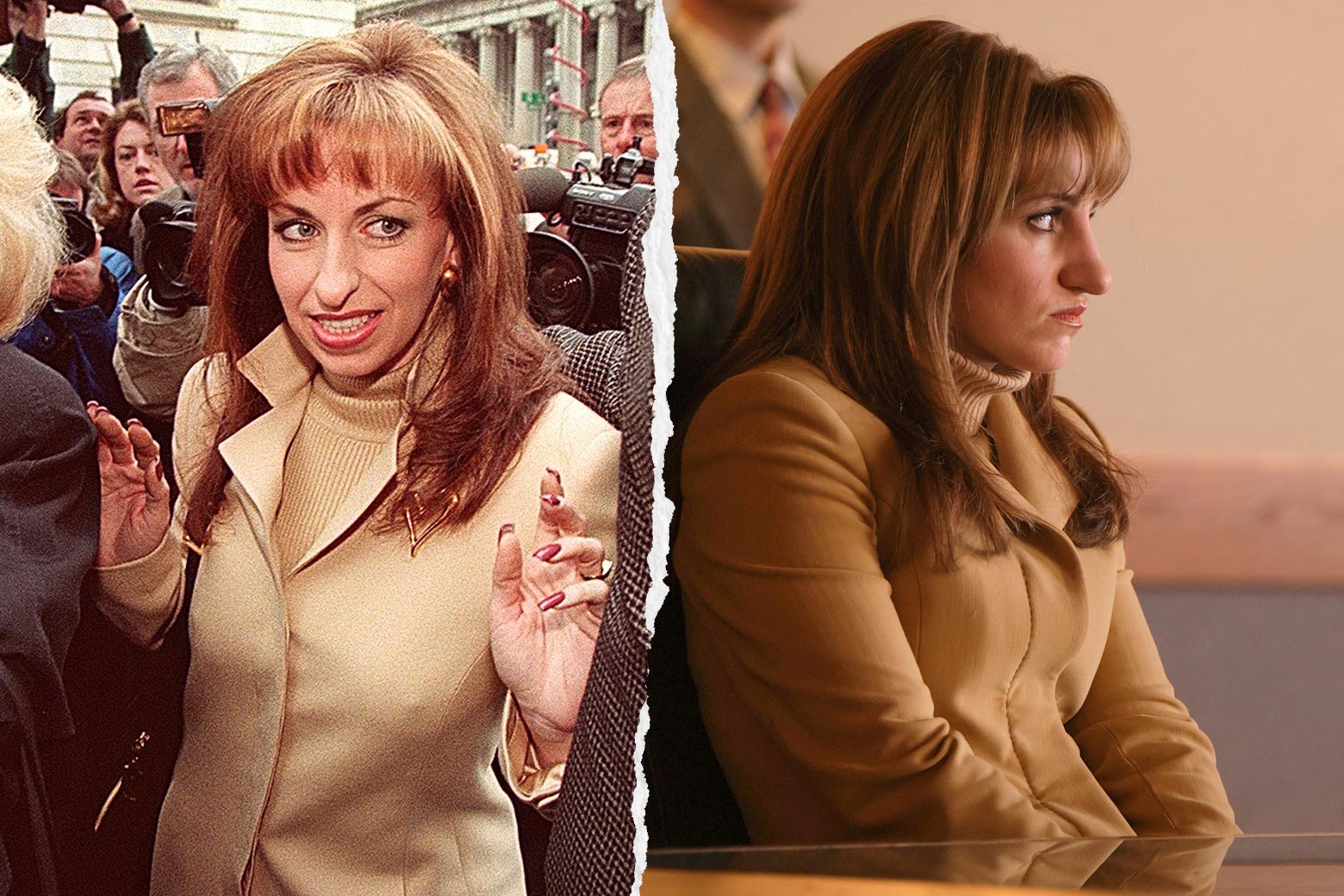 Paula Jones in a crowd of reporters and Annaleigh Ashford as Jones in the show, wearing a similar camel-colored outfit.