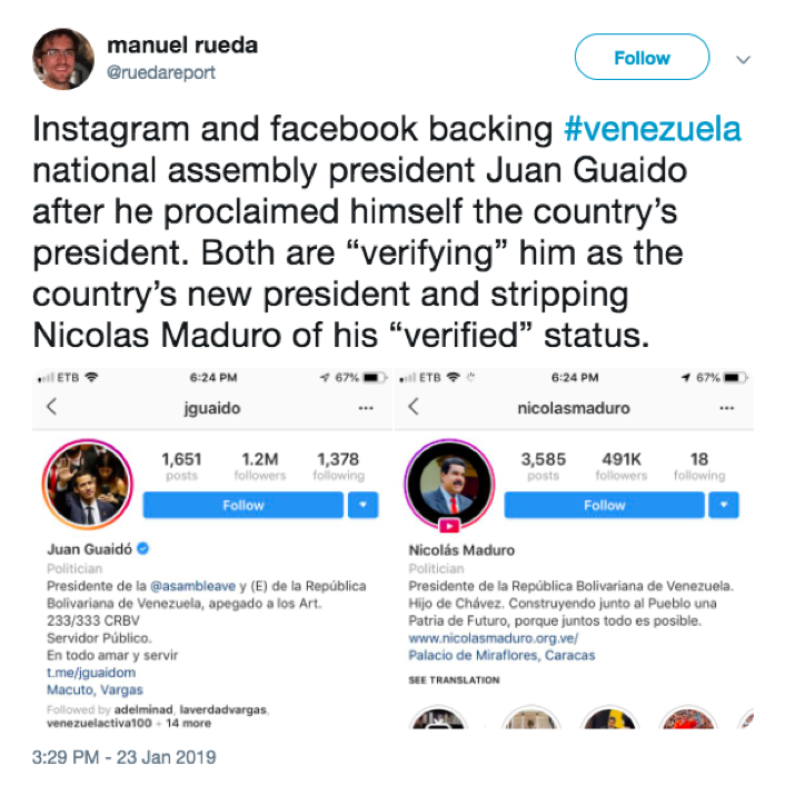 A screenshot of a tweet showing Juan Guaidó's verified Instagram apart next to Nicolás Maduro's unverified account.