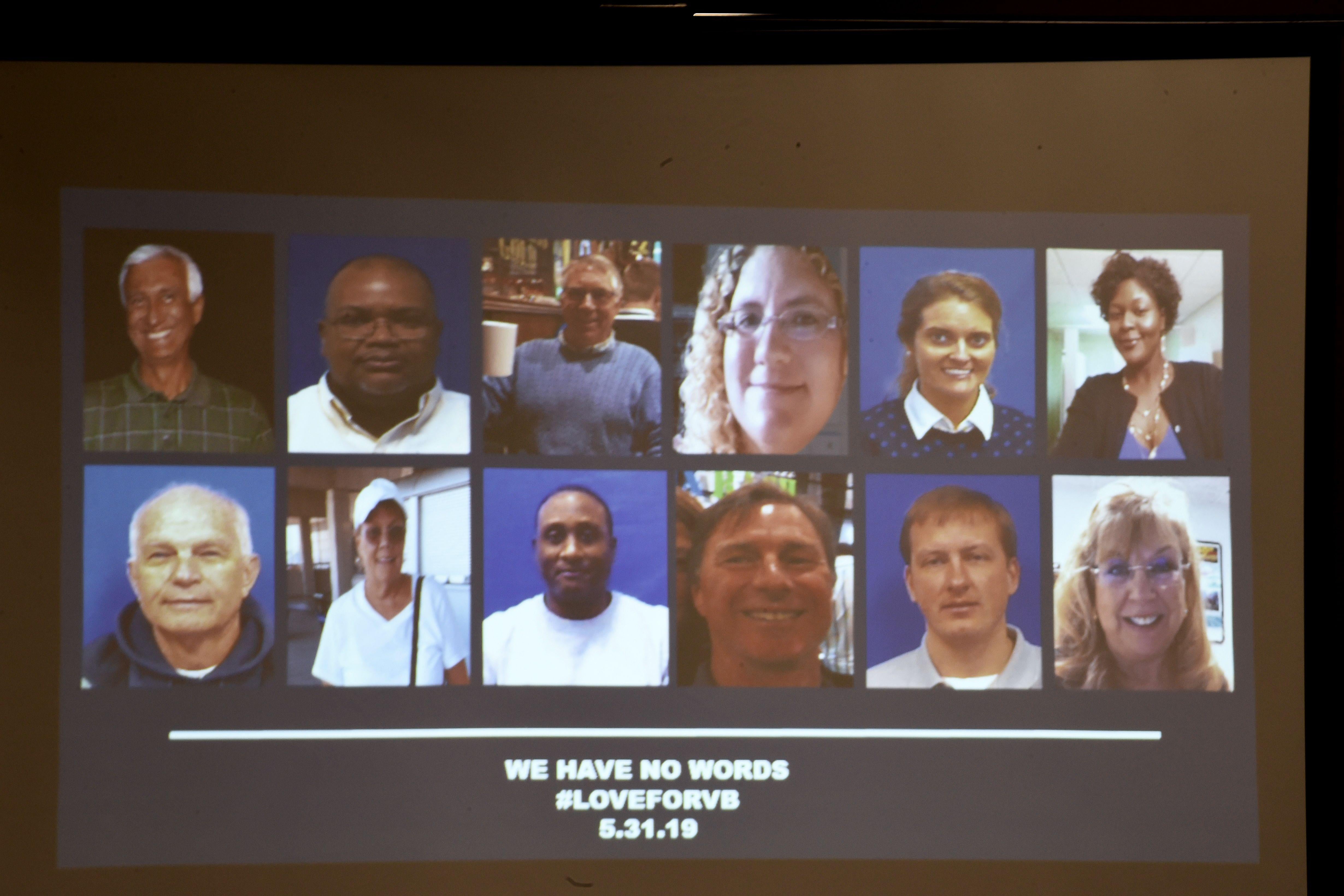 A slide of the victims in the May 31, 2019 mass shooting at a Virginia, Beach, Virginia, municipal building is shown during a press conference on June 1, 2019.