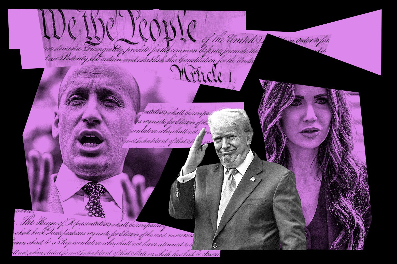 A photo collage of Stephen Miller, Kristi Noem, and Donald Trump with the U.S. Constitution in the background.