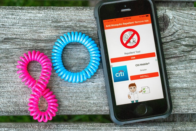 Mosquito bracelets and a smartphone displaying a sonic repeller app.