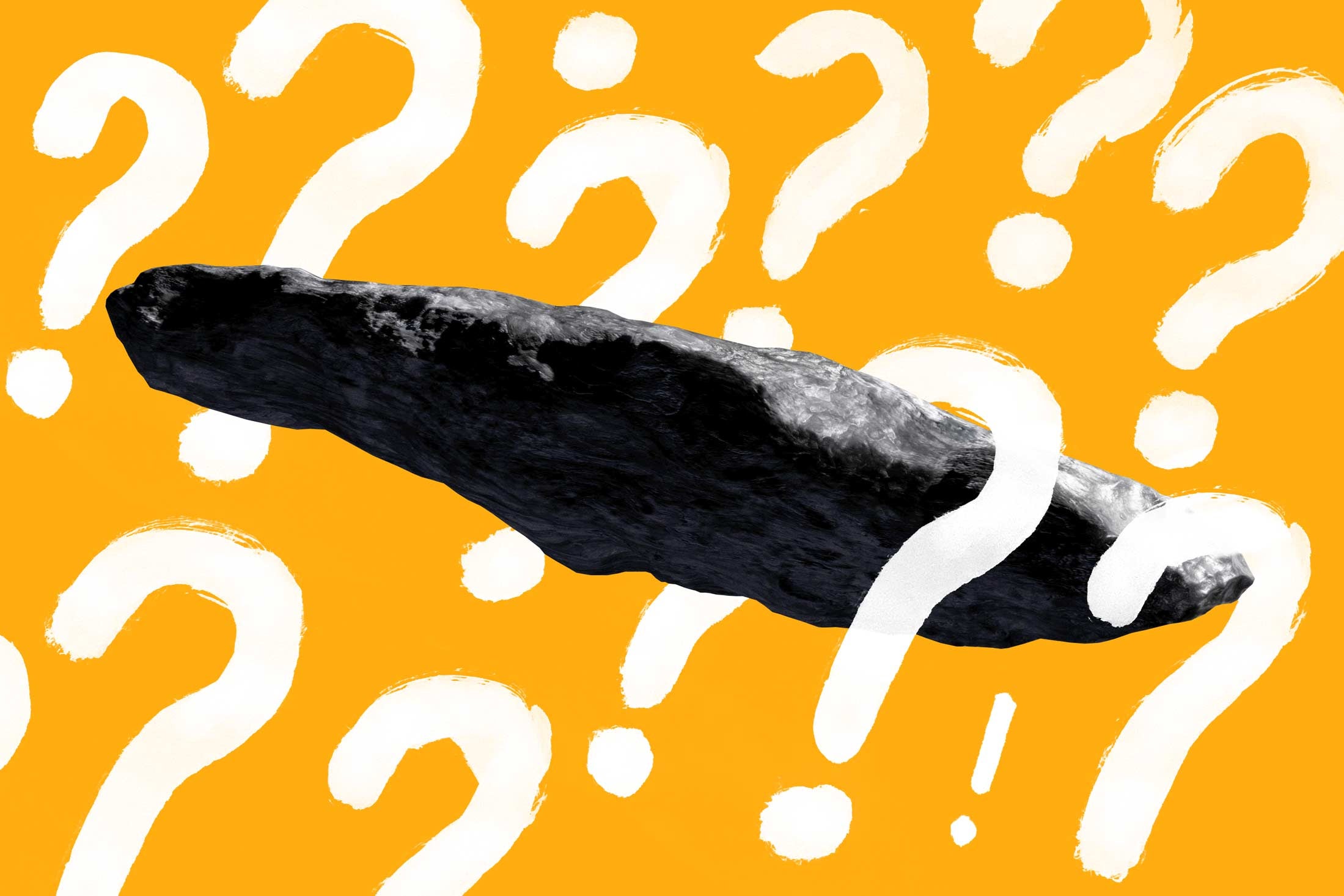 ‘Oumuamua (a very large, slender gray rock) surrounded by question marks and an exclamation point.