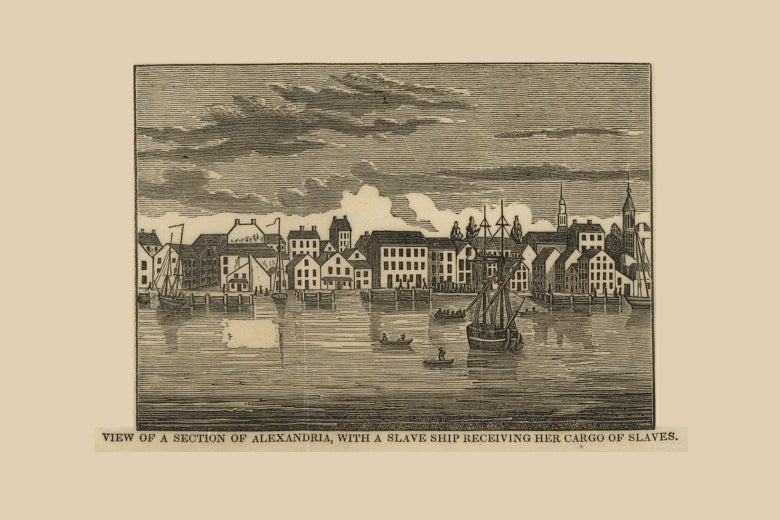 Illustration of the waterfront with ships in the harbor. The caption reads, "View of a section of Alexandria, with a slave ship receiving her cargo of slaves."