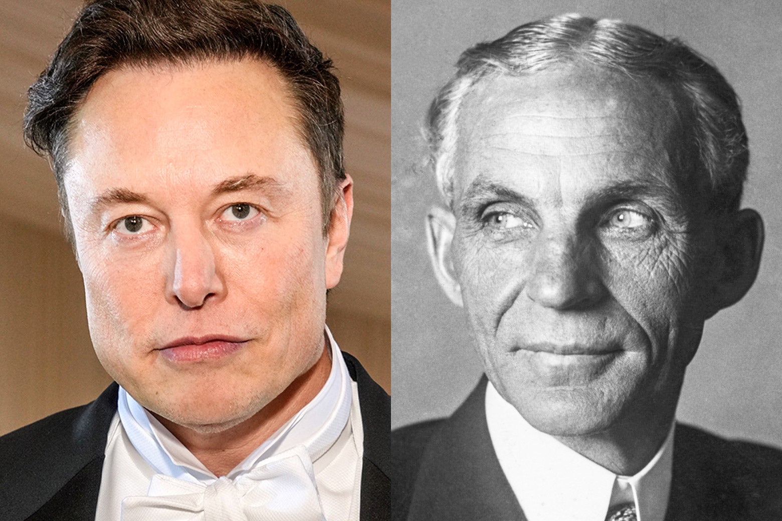 Photo portraits of Elon Musk, in a tuxedo, on the left and Henry Ford in a suit on the right.