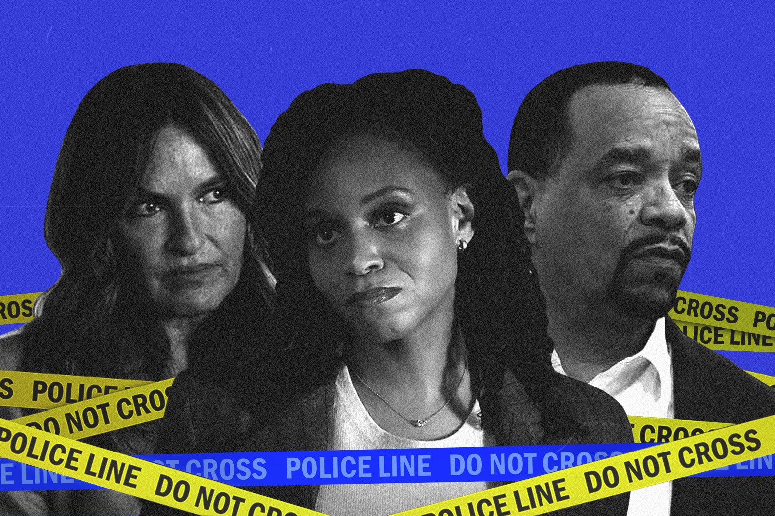 Mariska Hargitay, Ice-T, and Aime Donna Kelly in Law & Order: SVU, against a blue background, with police tape in the foreground.