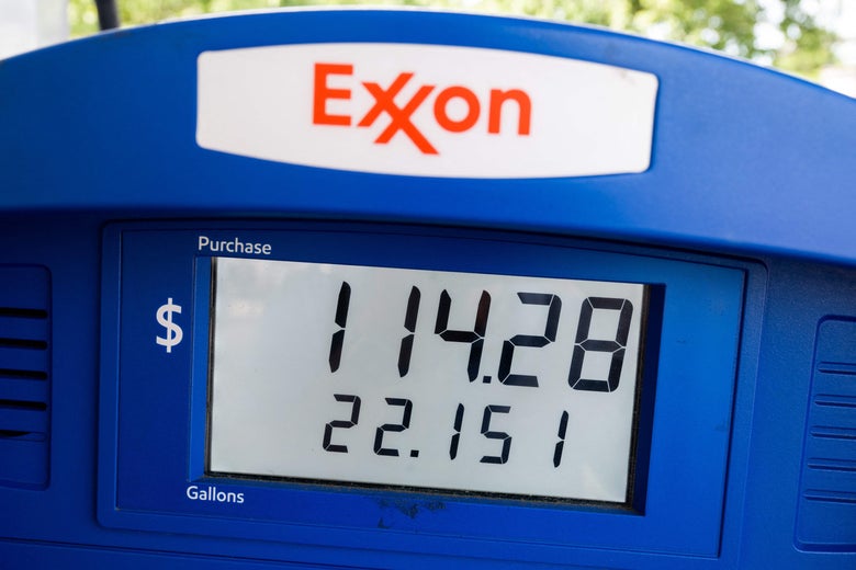 An Exxon gas pump shows a price of $114.28 for 22.52 gallons of gas.