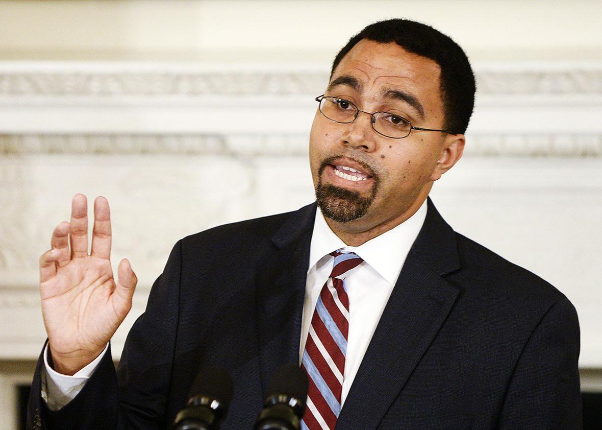 Deputy Education Secretary John B. King Jr. delivers remarks after being nominated by U.S. President Barack Obama to be the next head of the Education Department in the State Dining Room at the White House October 2, 2015 in Washington, DC.  