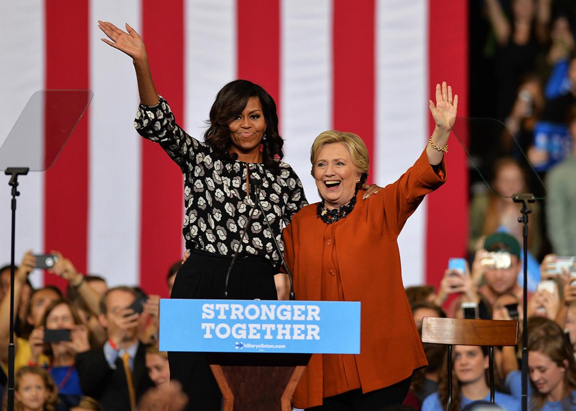 Democratic presidential candidate Hillary Clinton and US First Lady Michelle Obama are seen during a presidential campaign event in Winston-Salem, North Carolina, USA on October 27, 2016. 