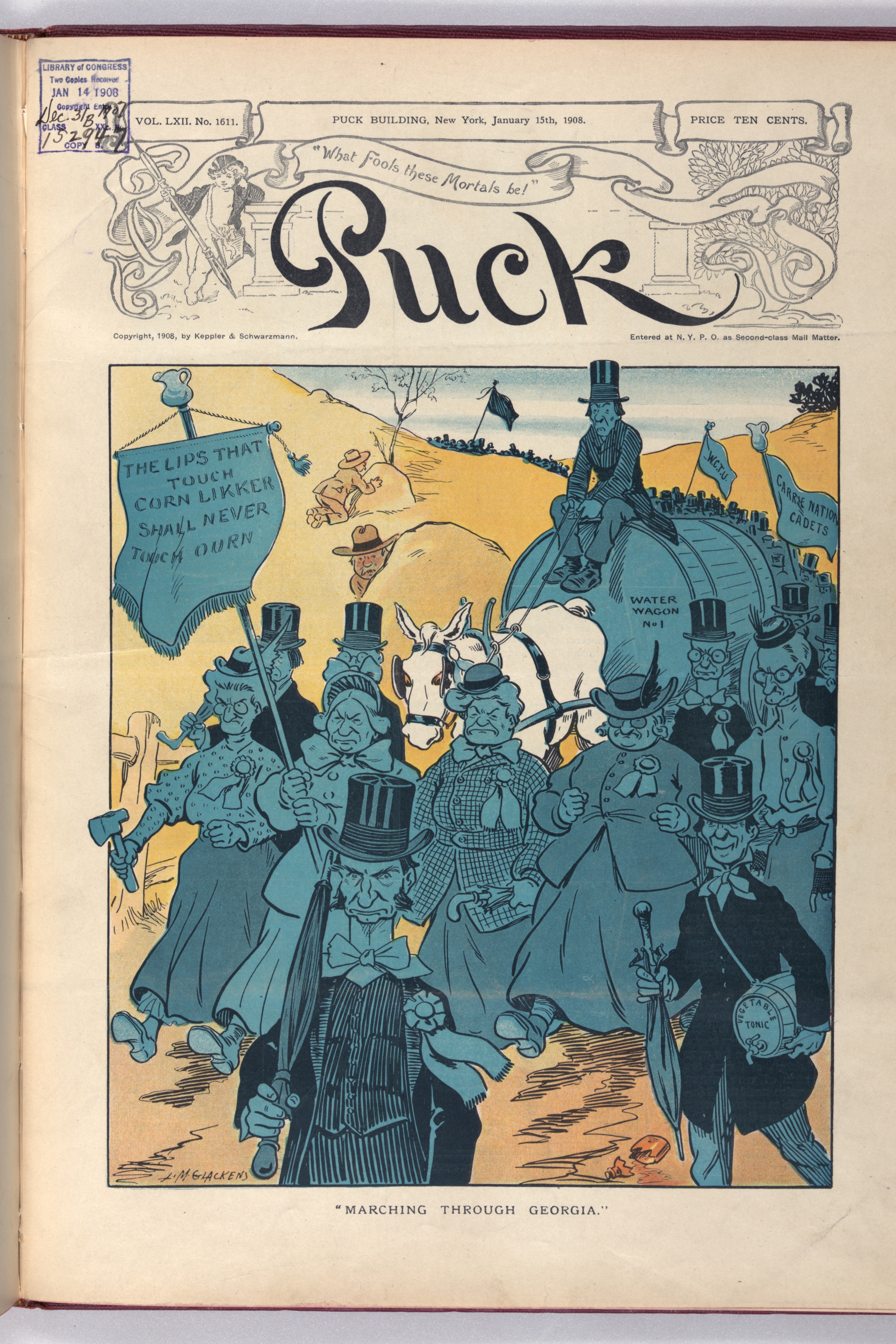 Cartoon mocking marching suffragists