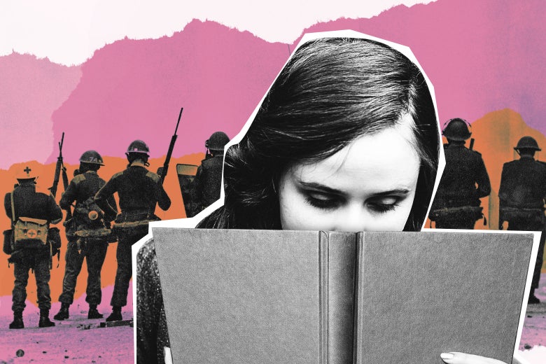 A girl with her nose in a book while soldiers fight behind her.