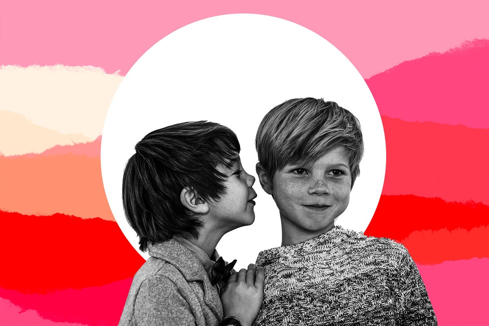 A young boy whispering in the ear of another young boy.