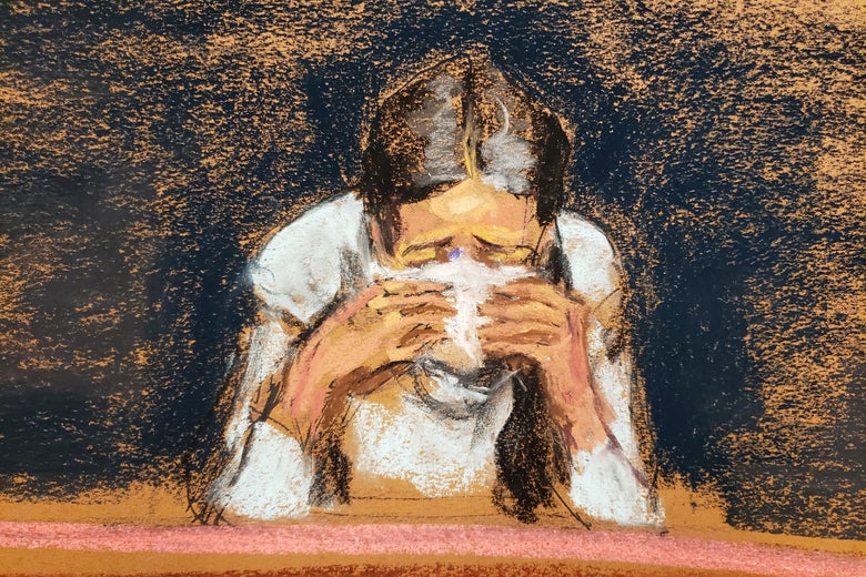 A courtroom illustration of witness "Jane" crying on the stand holding a white handkerchief to her face