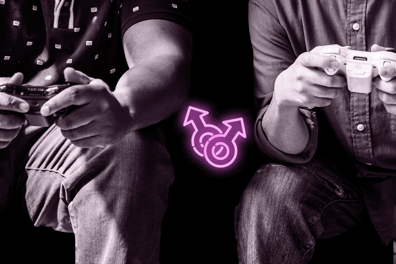 Two gamers playing around a neon set of male symbols.