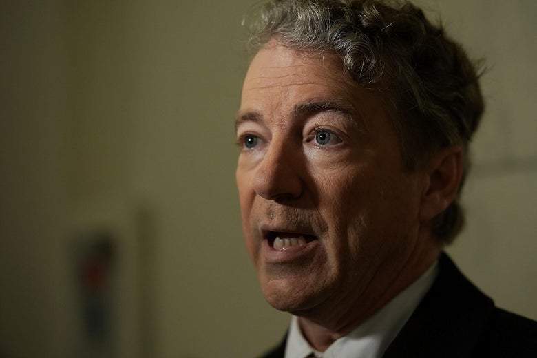 WASHINGTON, DC - FEBRUARY 08:  U.S. Sen. Rand Paul (R-KY) participates in a TV interview outside his office at Russell Senate Office Building on Capitol Hill February 8, 2018 in Washington, DC. Sen. Paul made a move to block a budget deal Thursday as the government will run out of funding at midnight for seeking to vote on an amendment to restore budget caps.  (Photo by Alex Wong/Getty Images)
