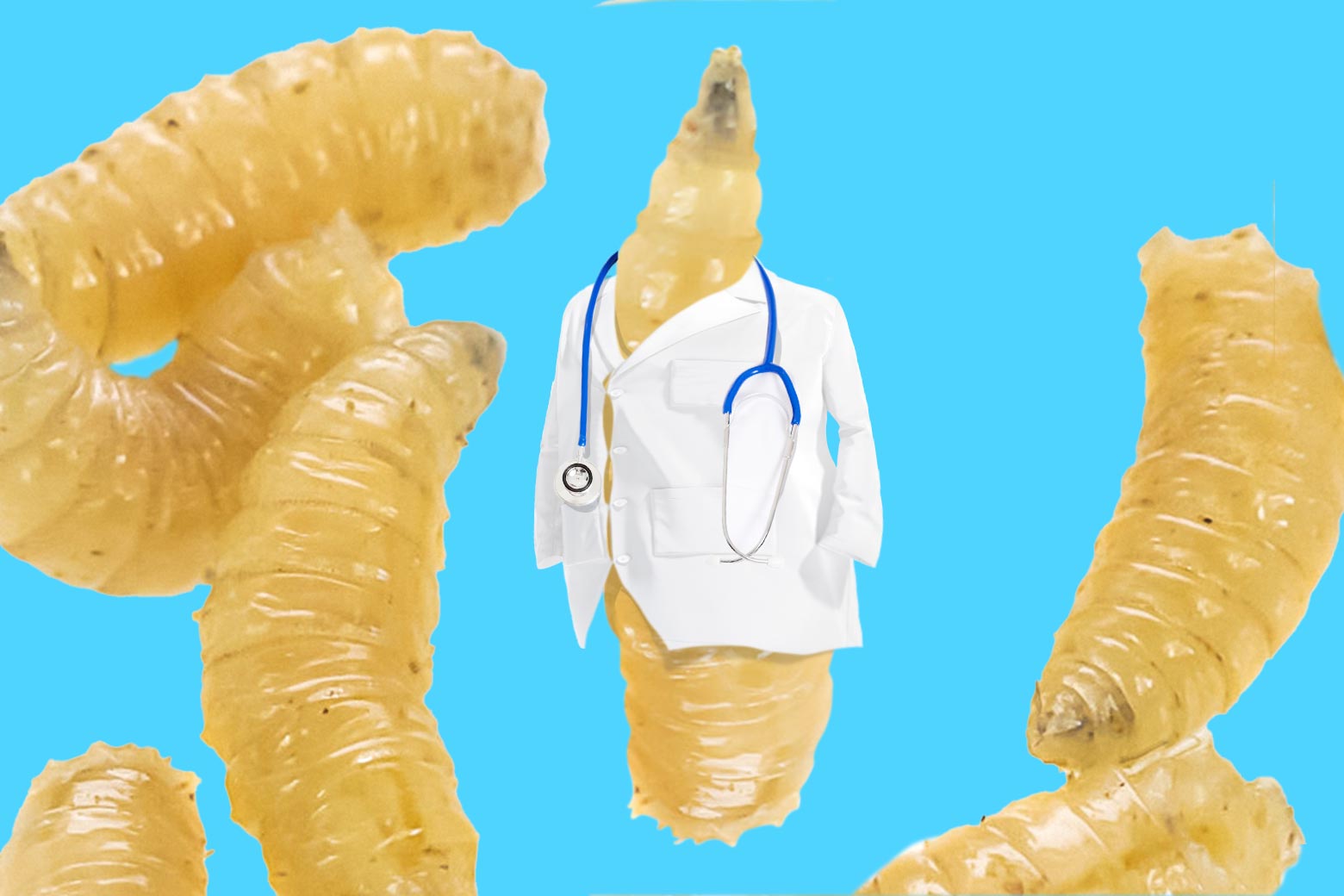 A close-up of maggots, but one is wearing a doctor's coat and stethoscope. 
