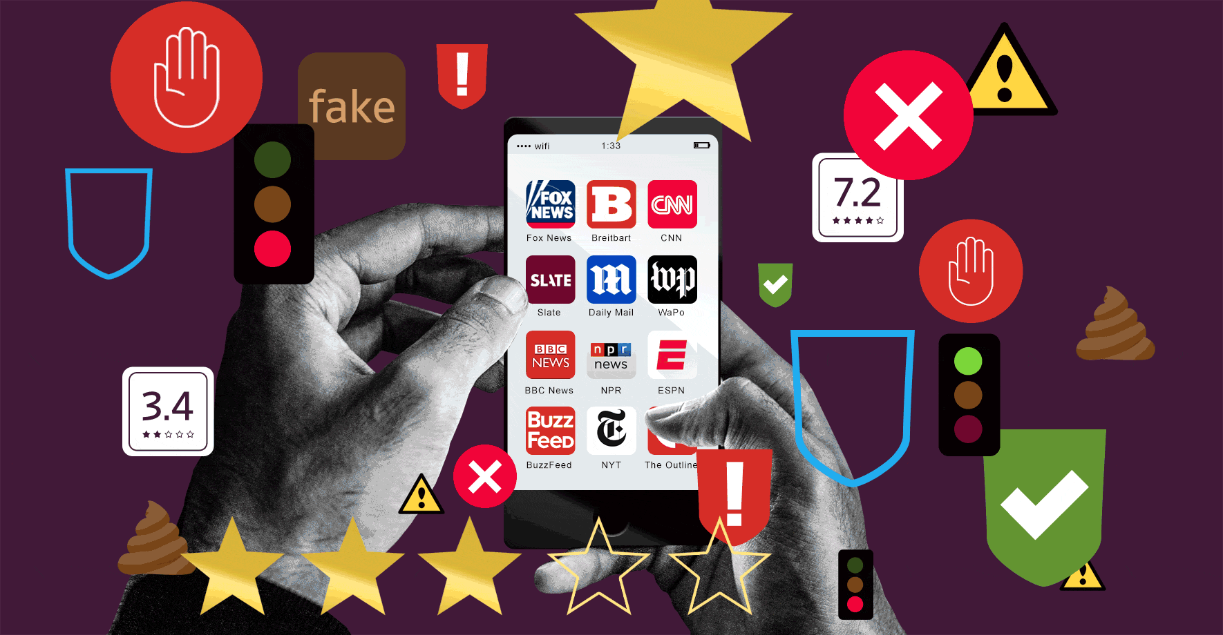 A smartphone with icons of news organizations is surrounded by shield icons from NewsGuard, star ratings, traffic lights, a piece of poop, and other rating symbols.