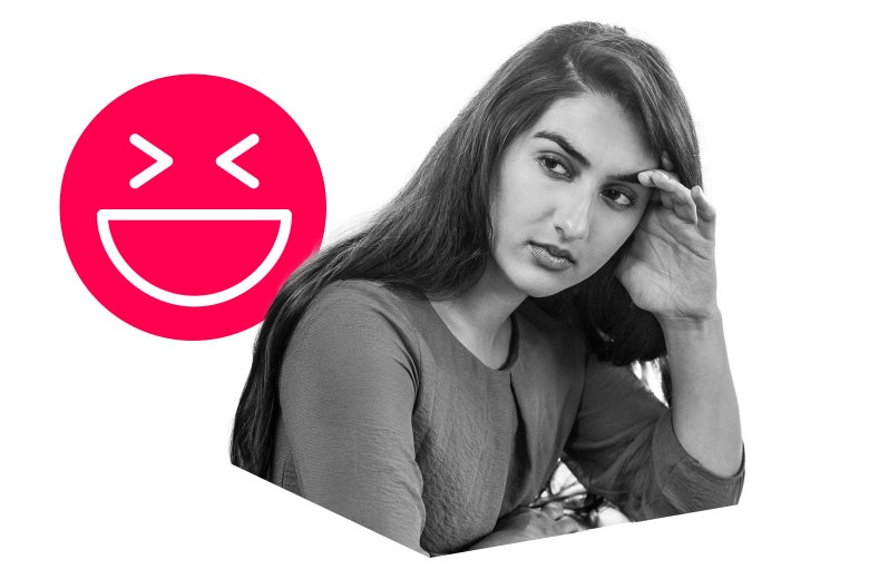 A laughing emoji next to a woman looking disapproving.