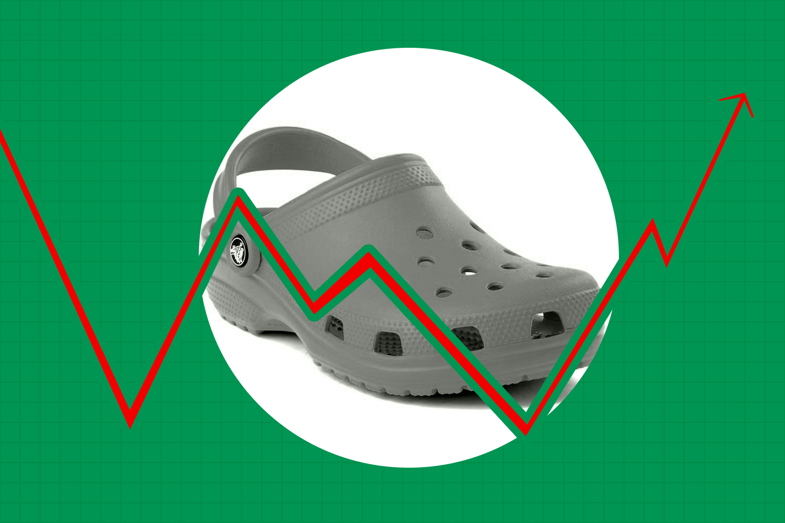 Croc shoe behind an arrow showing stock market fluctuation