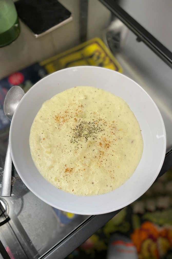 A "soup" is made from nuked potatoes and a bunch of butter and cream. 