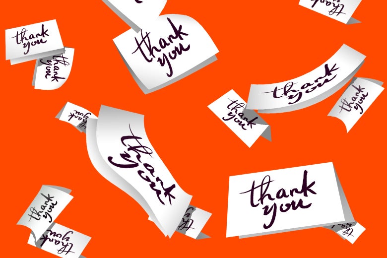 Thank you notes flying through the air.