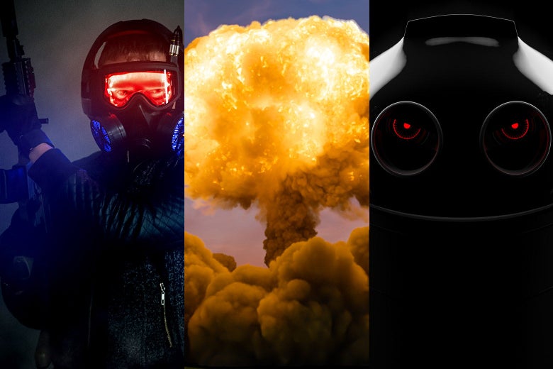 A guy with a large gun, a mushroom cloud, and an angry robot.